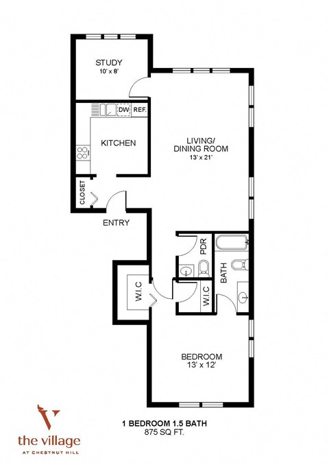 1 Bedroom 1.5 Bath Floor Plan at Chestnut Hill Village, Philadelphia, PA, 19118